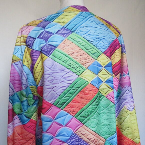Colorful Checkered Patchwork Print Casual Long Knit Top L - Picture 6 of 8